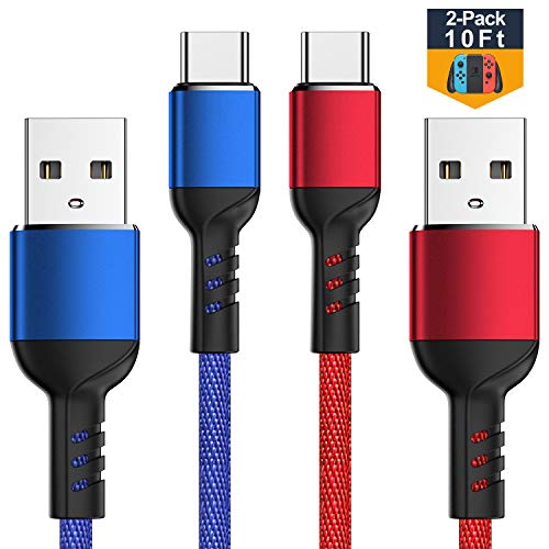 Charger Cable for Nintendo Switch - 2 Pack 10FT Nylon Braided USB C to USB A Type C Fast Charging Cord for Samsung Galaxy S9 S8 Note 9, Pixel, LG V30 G6 G5, OnePlus 5 3T
