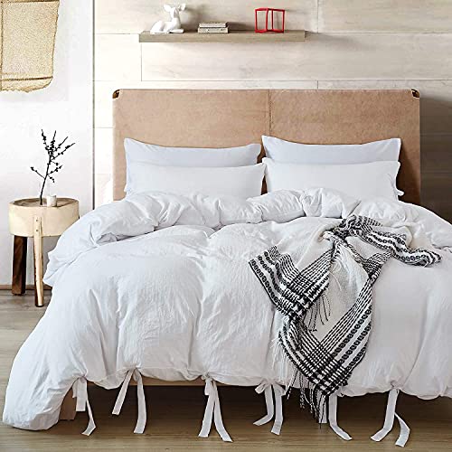 Annadaif White Duvet Cover Queen Sizeï¼Œ3 Pieces Soft Washed Microfiber Duvet Cover Set ,Comforter Cover with Bowknot Bow Tie ï¼ˆ1 Duvet Cover 90x90 Inch, 2 Pillowcasesï¼‰ Easy Care Bedding Set