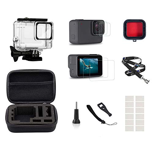 InBestOne Accessories kit for GoPro Hero 7 Silver/White with Waterproof Housing Case+Travel Case Small+Detachable Long Neck Strap Lanyard+ Screen Protector +Red Filter +Anti-Fog Insert