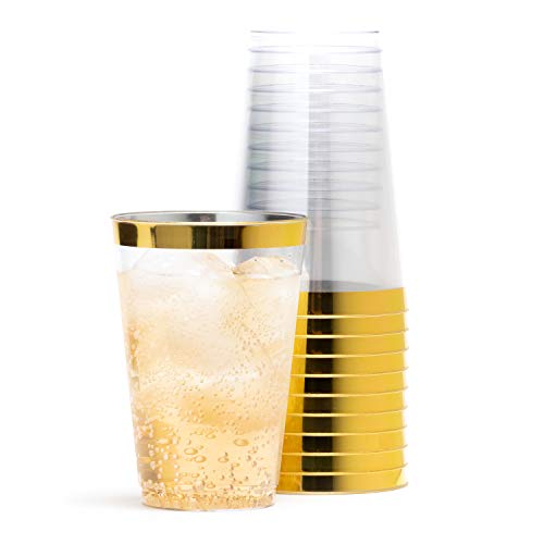 Gold Rimmed Plastic Cups 14 Oz -Gold Plastic Cups - Fancy Clear Disposable Cups - Set of 50 - Securely Packed - Wine, Champagne, Water, Beer, Punch - Reusable Wedding, Birthday, Party Supplies