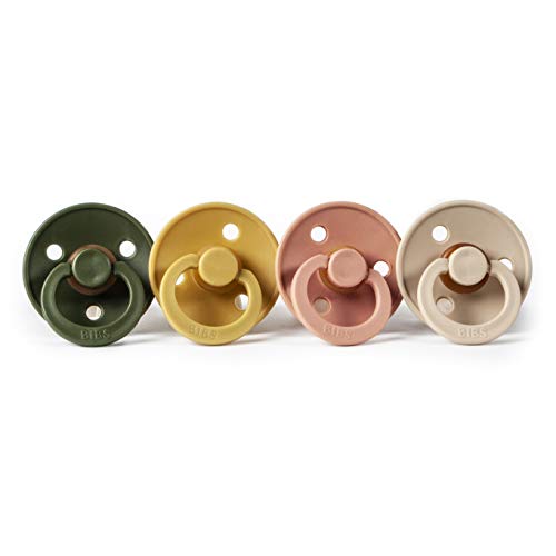 BIBS BPA-Free Natural Rubber Baby Pacifier | Made in Denmark (Hunter Green/Mustard/Peach/Vanilla, 0-6 Months) 4-Pack