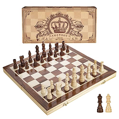 Book Cover Amerous 15 Inches Magnetic Wooden Chess Set - 2 Extra Queens - Folding Board, Handmade Portable Travel Chess Board Game Sets with Game Pieces Storage Slots - Beginner Chess Set for Kids and Adults