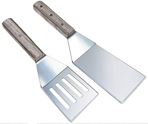 MarMmy 2 Pack Metal Griddle Walnut Spatula Turner Set Stainless Steel Wooden Handle Pancake Flipper Hamburger Turner Utensils Tools BBQ Grill Flap Top Commercial Grade Pressing