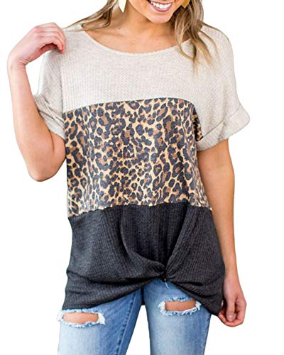 Book Cover Valphsio Womens Leopard Patchwork Shirts Short Sleeve Twist Knot Loose Tunics Tops