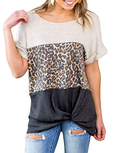 Valphsio Womens Leopard Patchwork Shirts Short Sleeve Twist Knot Loose Tunics Tops