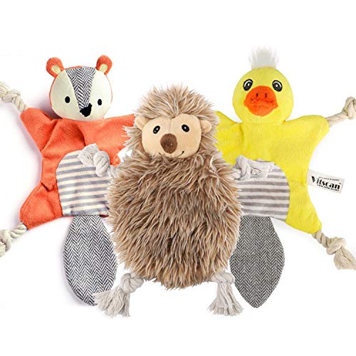 3 Pack Stuffingless Dog Squeaky Toys, Plush Animal Dog Toys with Tug Rope Knots, Hunting Dog Chew Toy Set with Squirrel Duck Hedgehog for Small Medium Dogs