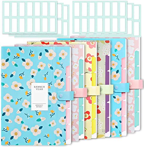 Selizo 6 Pcs File Organizer Expanding File Folder Organizer with 5 Pockets Plastic A4 Size Office File Folders Organizer and 168 Pcs File Folder Labels for School Teacher Office Documents