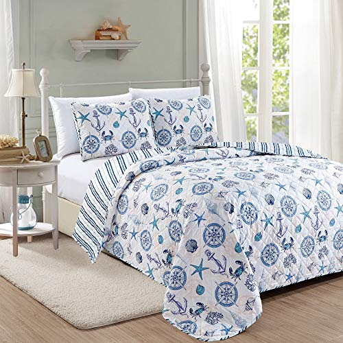 Book Cover Great Bay Home Azure Coastal Collection 3 Piece Quilt Set with Shams. Reversible Beach Theme Bedspread Coverlet. Machine Washable. (King)