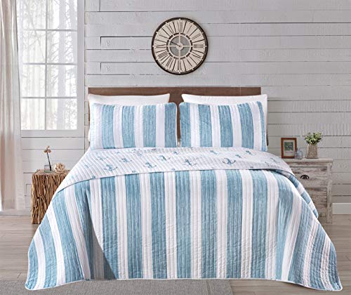 Book Cover Casco Bay Coastal Collection 3 Piece Quilt Set with Shams. Reversible Beach Theme Bedspread Coverlet. Machine Washable. (King, Blue)