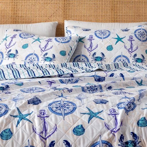 Book Cover Casco Bay Coastal Collection 3 Piece Quilt Set with Shams. Reversible Beach Theme Bedspread Coverlet. Machine Washable. (Full / Queen, Blue)