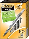 BIC Round Stic Xtra Valve Smooth Writing Ball Pen, Medium Point (1.0 mm), Black - 60 Count x 2 Pack - Total 120 Pens