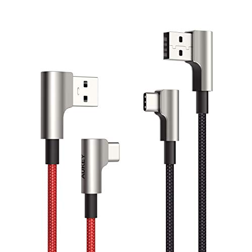 AUKEY USB C Cable 90 Degree Right Angle [2-Pack 6.6ft] USB C to USB A Fast Charging Aramid Fiber Braided Nylon Type C Charger Cord for iPad Pro 2018, Samsung S9 S8 Note 9, LG V30 G6, Pixel 3 XL, GoPro