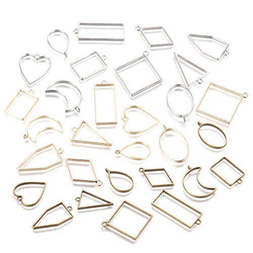 Frame Pendants, Outgeek 30PCS Bezel Charms Pendants Open Back Bezel Pendants Assorted Geometric Hollow Pressed Flower Frame Pendant DIY Crafts for Resin Earrings Necklace Bracelet (30PCS)