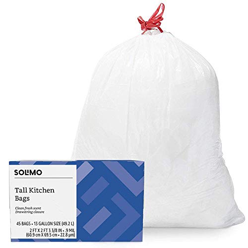 Book Cover Amazon Brand - Solimo Tall Kitchen Drawstring Trash Bags, Clean Fresh Scent, 13 Gallon, 45 Count
