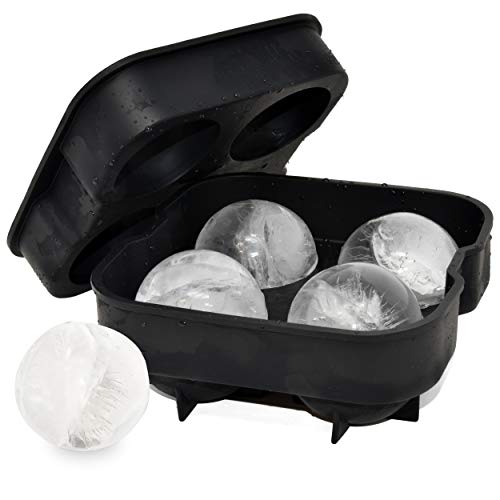 Perlli Ice Ball Maker Mold - Makes 4 Large Round Sphere Balls - Flexible Food Grade Silicone Circular Ice Tray 5 X 5cm Ice Ball Spheres for Drinks Whiskey Bourbon Scotch