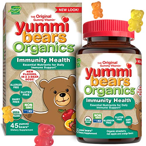 Book Cover Yummi Bears Organics Immunity Health with Vitamin C, Zinc & Echinacea, Organic Gummy Vitamin for Kids, 45 Count (Pack of 1)