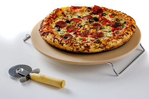 Ovente Ceramic Flat 13 Inch Pizza Stone Set with Crust Cutter Wheel & Metal Rack/Handle, Compact Easy Storage Portable Baking Grilling Stone Thermal Shock Resistance for Oven Grill BBQ, Beige BW10132
