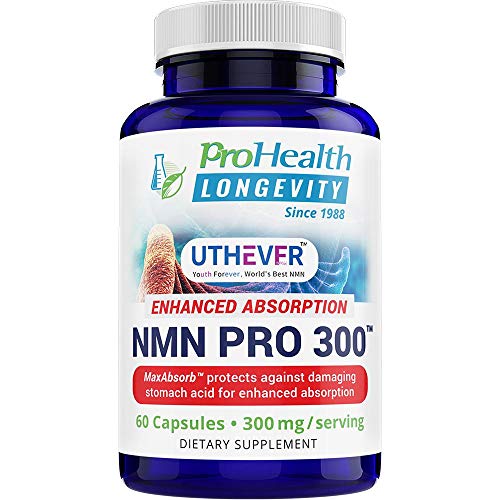 ProHealth Longevity NMN Pro 300 Enhanced Absorption - Uthever Brand - Worldâ€™s Most Trusted Ultra-Pure, stabilized, Pharmaceutical Grade NMN to Boost NAD+ (60 Capsules, 300 mg per 2 Capsule Serving)