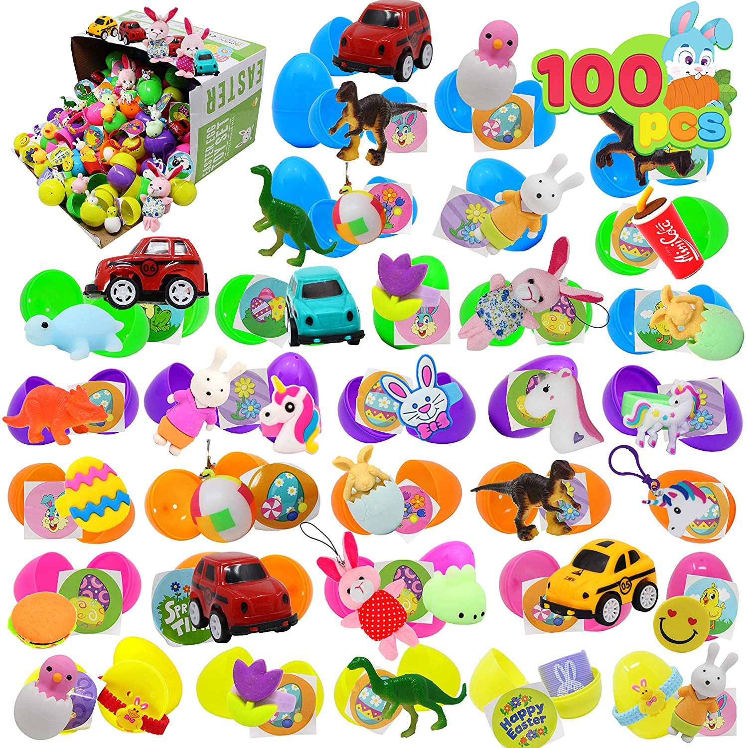 JOYIN 100 Pcs Prefilled Easter Eggs with Toys Plus Stickers, Filled Easter Eggs with Toys Party Favors for Kids Boys Girls Easter Eggs Hunt, Easter Basket Stuffers Fillers,Classroom Prize Supplies