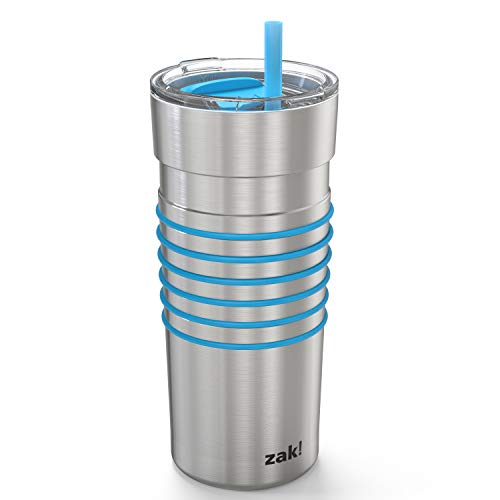 Zak Designs HydraTrak 20 oz Vacuum Insulated Tumbler 18/8 Stainless Steel Water Bottle with Straw and Silicone Bands Tracks Your Water Intake, Travel Tumbler Splash Proof Lid (Silver with Blue)