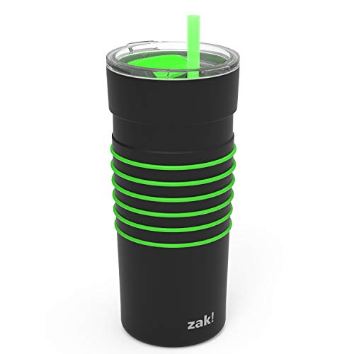Zak Designs HydraTrak 20 oz Vacuum Insulated Tumbler 18/8 Stainless Steel Water Bottle with Straw and Silicone Bands Tracks Your Water Intake, Travel Tumbler Splash Proof Lid (Black with Green)