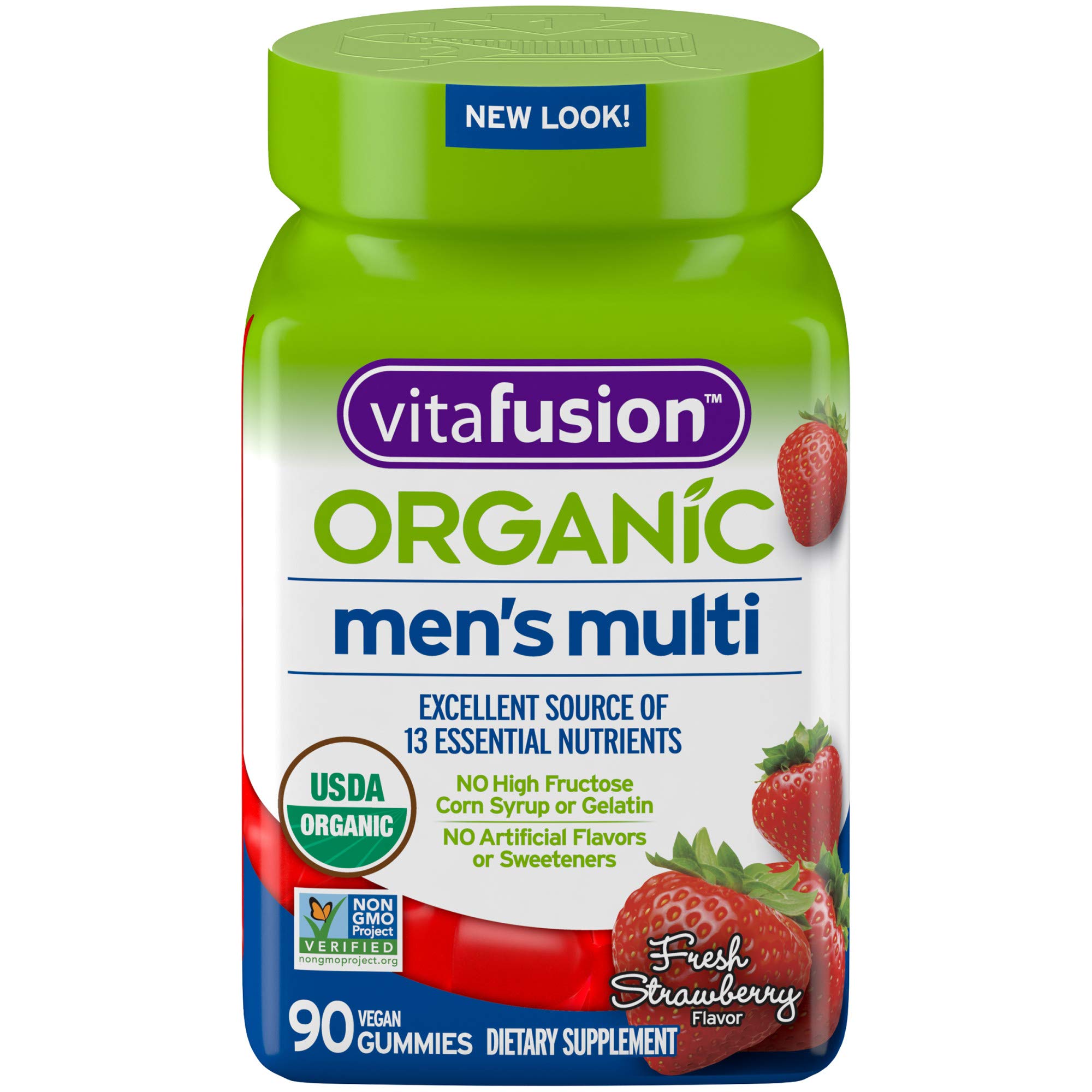 Book Cover Vitafusion Organic Men’s Gummy Multivitamin, 90 Count - Non-GMO, Gluten-Free, No Gelatin, No HFCS Fresh Strawberry 90 Count (Pack of 1)
