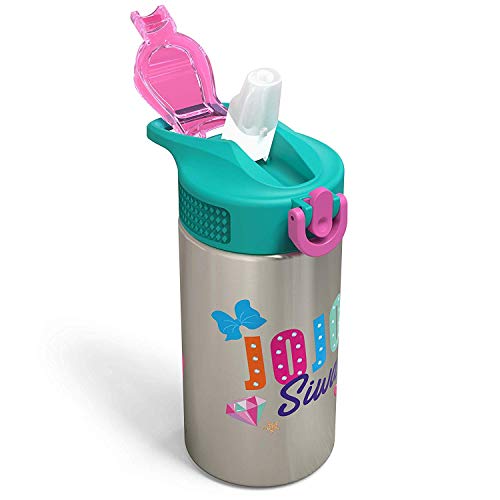 Book Cover Zak Designs Jojo Siwa & Friends - Stainless Steel Water Bottle with One Hand Operation Action Lid and Built-in Carrying Loop, Kids Water Bottle with Straw is Perfect for Kids (15.5 oz, 18/8, BPA-Free)