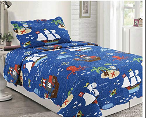 Book Cover Elegant Home Multicolor Pirates Ships Ocean Sea Themed Design Style 2 Piece Coverlet Bedspread Quilt for Kids Teens Boys Twin Size # Pirate