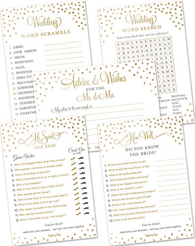 Bridal Shower Games - Wedding Games - Set of 5 Activities - (50 Cards Each, 250 Total) - Bridal Shower Supplies - Wedding Supplies - Gold
