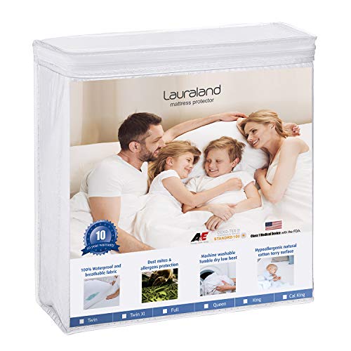 Lauraland King Size Mattress Protector, Hypoallergenic Breathable Waterproof Mattress Cover, Vinyl Free Soft Cotton Terry Surface Protector- 10 Year Warranty, White
