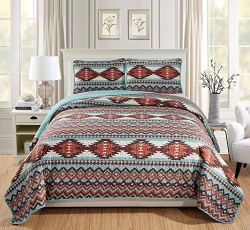 Book Cover Rugs 4 Less Rustic Southwestern Quilt Stitched Western Bedspread Bedding Set with Tribal Native American Patterns - Utah (Turquoise, Full - Queen)