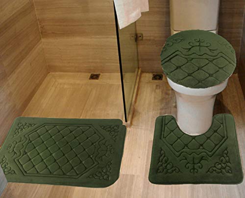 Book Cover All American Collection 3PC Memory Foam Bath Mats Soft Plush Crown Design Anti-Slip Shower Bathroom Contour Toilet Lid Cover Rugs (Olive)