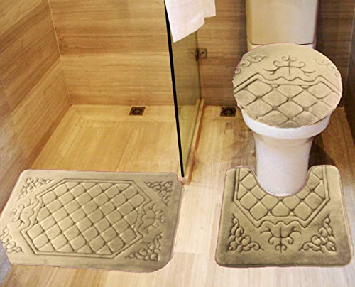 Book Cover All American Collection 3PC Memory Foam Bath Mats Soft Plush Crown Design Anti-Slip Shower Bathroom Contour Toilet Lid Cover Rugs (Taupe)