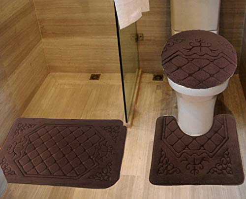 Book Cover All American Collection 3PC Memory Foam Bath Mats Soft Plush Crown Design Anti-Slip Shower Bathroom Contour Toilet Lid Cover Rugs (Brown)
