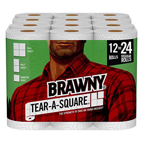 Book Cover Brawny Tear-A-Square Paper Towels, 12 Double Rolls = 24 Regular Rolls, 3 Sheet Size Options, Quarter Size Sheets