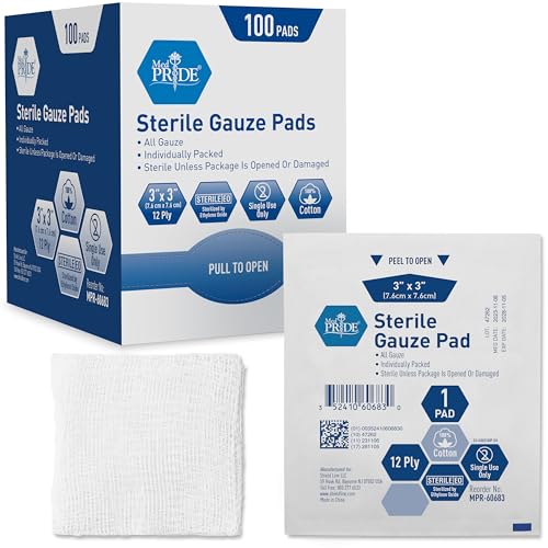 MED PRIDE Sterile Gauze Dressing Pads, 12 Ply Highly Absorbent Cotton, Individually Wrapped, Non Stick, Painless Removal (3x3 Inch (Pack of 100))