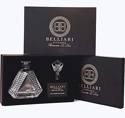 Book Cover BELLIARI - Triangle Whiskey Decanter with Black Whiskey Velvet Tray and Designer Gift Box - Crystal Diamond Decanters - 750ml Personalized Liquor Decanter For Bourbon, Whisky, Scotch And Glass Stopper