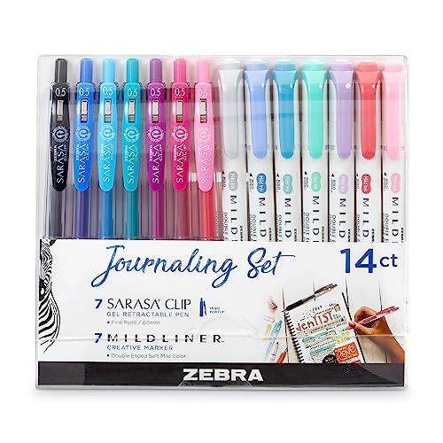 Zebra Pen Journaling Set, Includes 7 Mildliner Highlighters and 7 Sarasa Clip Retractable Gel Ink Pens, Assorted Colors, 14 Pack