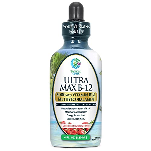 ULTRA MAX B12 | Max Potency 5000mcg Vitamin B12 Sublingual Liquid Drops | Methyl B12 (Methylcobalamin) | Max 98% Absorption Rate | Increase Energy & Metabolism*| Vegan, Non-GMO, Strawberry flavor -4oz