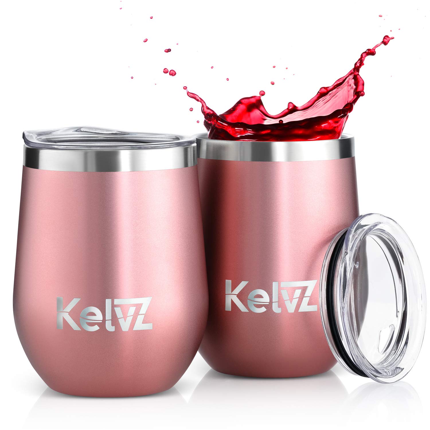 KelvZ 2 Pack Insulated Wine Tumbler with Lid | 12 oz Stemless Wine Glasses | 18/8 Stainless Steel Tumbler for Wine and Hot Drinks | Double Wall Vacuum Insulated Tumbler Wine Glass Set (Rose Gold)