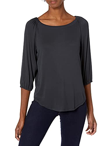 Amazon Brand - Lark & Ro Women's Three Quarter Sleeve Gathered Bateau Neck Knit Top