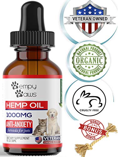 HempyPaws Hemp Oil for Dogs & Cats - 1000mg - Anxiety & Pain Relief Pet Hemp Oil Made in USA - All Natural Hemp Extract Oil for Pets - Non-GMO, Organic,  Supports Joint Health - Chew Toy