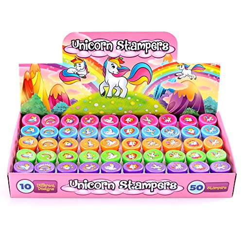Giraffe Manufacturing Unicorn Stampers Party Favors for Kids - 50 Pack, Birthday Goodie Bag Fillers, Classroom Self Inking Stamps for Kids, Bulk Carnival Prizes - Halloween Goodies for Girls & Boys