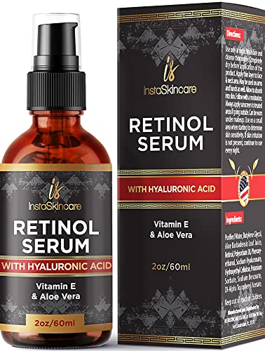 Skin Renewing Retinol Serum for Face with Hyaluronic Acid + Vitamin E and A + Aloe Vera Anti-Aging Serum Pore Tightener Fade Dark Spots Clinical Strength Formula by InstaSkincare 2Oz