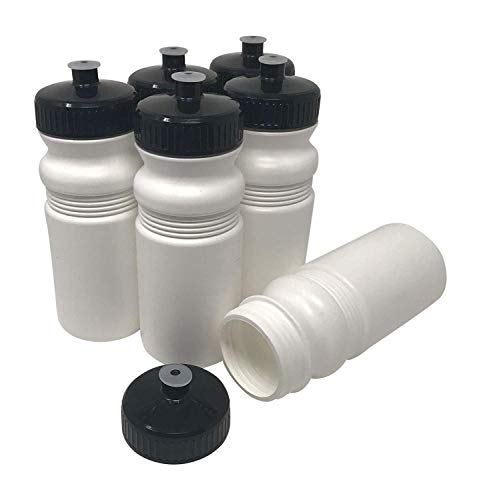 CSBD 20 oz Sports Water Bottles, 6 Pack, Reusable No BPA Plastic, Pull Top Leakproof Drink Spout, Blank DIY Customization for Business Branding, Fundraises, or Fitness White Bottle Black Lids