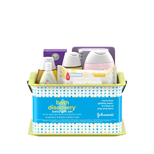Book Cover Johnson's Bath Discovery Gift Set for Parents-to-Be, Caddy with Baby Bath Time & Skin Care Essentials, Bath Kit Includes Baby Body Wash, Shampoo, Wipes, Lotion & Diaper Rash Cream, 7 Items