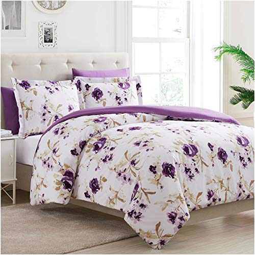 Book Cover Mellanni Madison Purple Duvet Cover King Size Set - 5pcs Home Bedding Set - Quilt Cover Set - Floral Duvet Cover - with 2 Shams and 2 Pillow Cases - Button Closure & Corner Ties (King, Madison Purple)