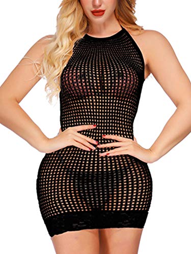 FasiCat Women Lingerie Rainbow Fishnet Babydoll Halter Stretch Chemise (one Size, Black091)