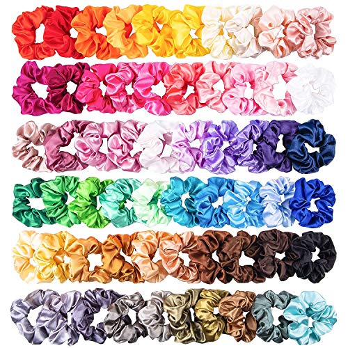 Book Cover WATINC 60Pcs Colorful Silk Satin Scrunchy Set Strong Elastic Bobble Hair Bands for Ponytail Holder Solid Color Traceless Hair Rope Accessory