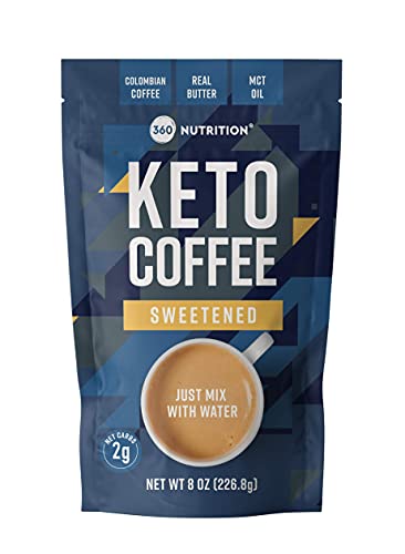 360 Nutrition Instant Keto Coffee with MCT Oil, Coconut Oil, Sweetened, Gluten Free, Low Carb, Colombian Coffee for Keto Diet with 2g Net Carbs, Real Butter, No Added Sugar, 45 Servings, 8 oz